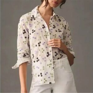 Maeve Anthropologie Floral Embroidery Button Down Blouse
